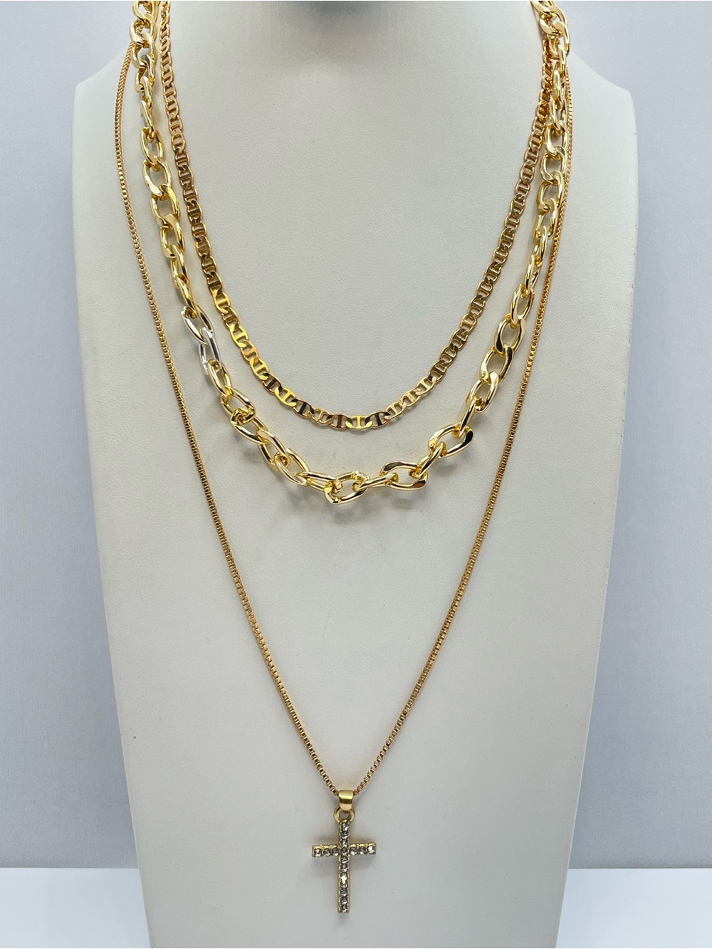 Gold Tone Layered Chain Crystal Cross Necklace Statement